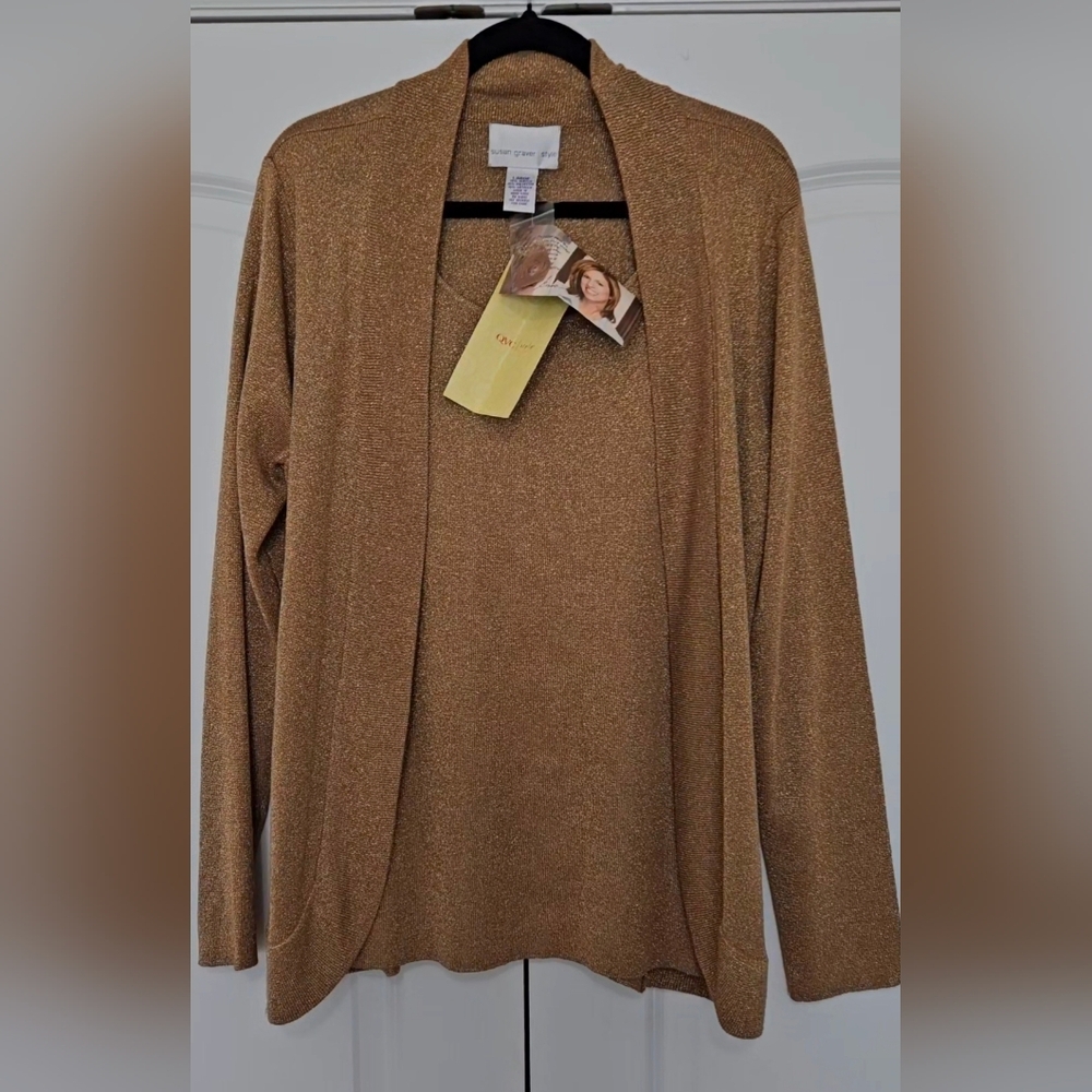 Susan Graver Gold Metallic Open Front Cardigan Holiday Party NWT L